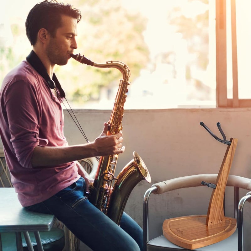 Musbeat حامل ساكسفون، حامل ساكسفون للساكسفون الألتو والتينور، حامل ساكسفون ألتو من خشب صلب بتصميم حبيبات زيبرا مع حوامل سيليكون ناعمة، حامل ساكسفون تينور خشبي مصنوع يدويًا لعرض في الاستوديو المنزلي - Image 2